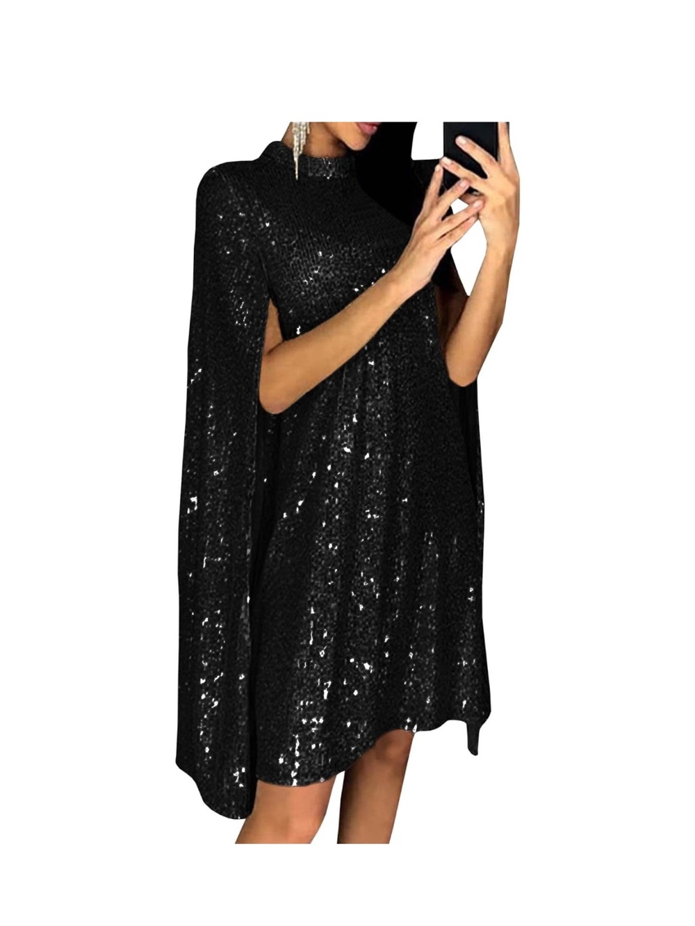 Women's Sequin Cape Dress Mock Neck Short Sleeveless Mini Party Dress